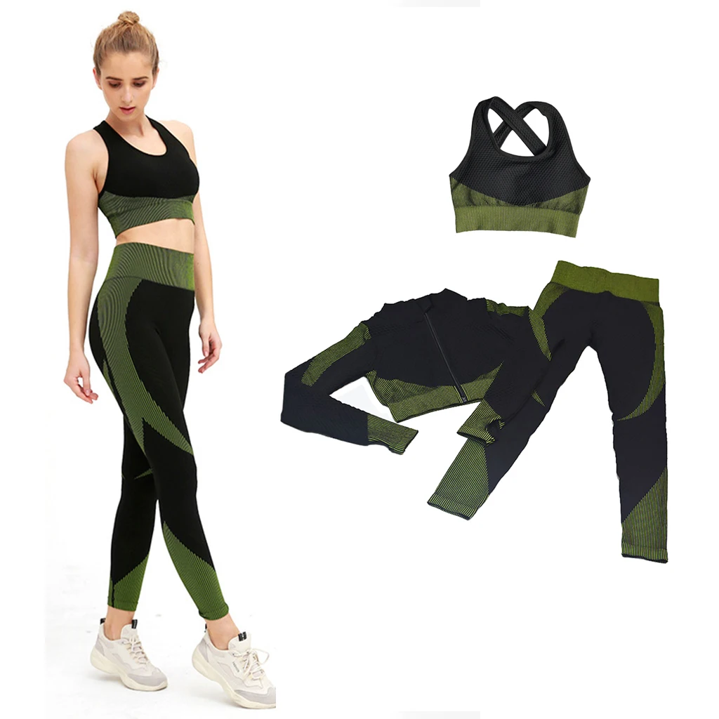 Women Seamless Yoga Suit Zipper Crop Top Legging Butt Lifting Pants Gym Bra