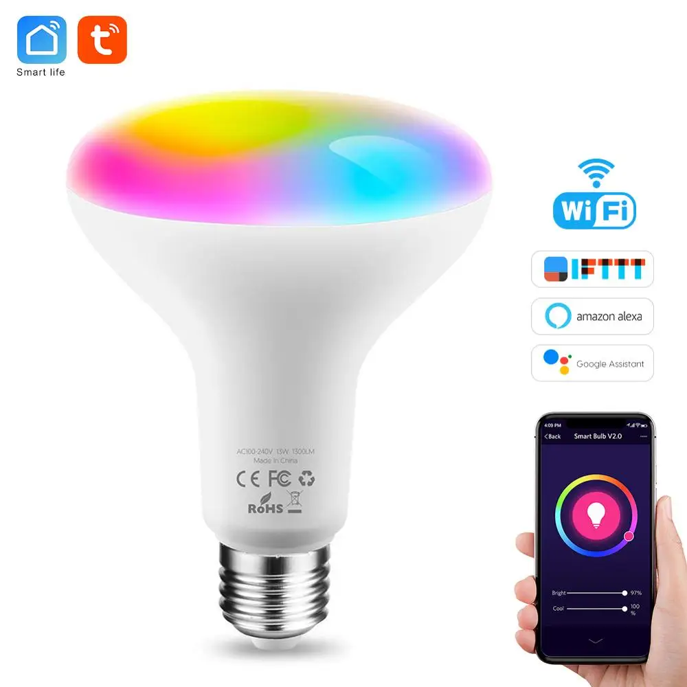 Умная лампочка Tuya E26 E27, Wifi, светодиодная лампа RGB, цветная, с регулируемой яркостью, 220 В, 13 Вт, умная лампочка, лампа Alexa Smart Life Умная лампочка Tuya E26 E27, Wifi, светодиодная лампа RGB, цветная, с регулируемой яркостью, 220 В, 13 Вт, умная лампочка, лампа Alexa Smart Life