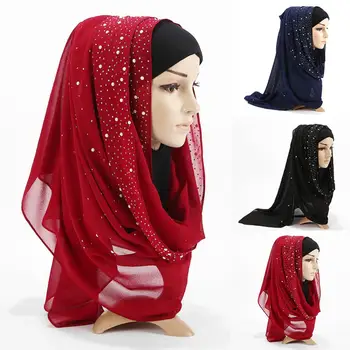 

Women Faux Pearl Decor Muslim Ramadan Hijab Head Protection Cover Shawl Scarf Lady Elegant Hair Accessories Head Wrap