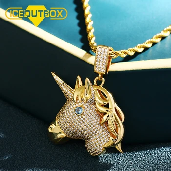 

Cute Crystal Unicorn Horse Pendant Necklace Full Of Rhinestone With Blue Eye Cartoon Animal Unisex Women Men's Hip Hop Jewelry