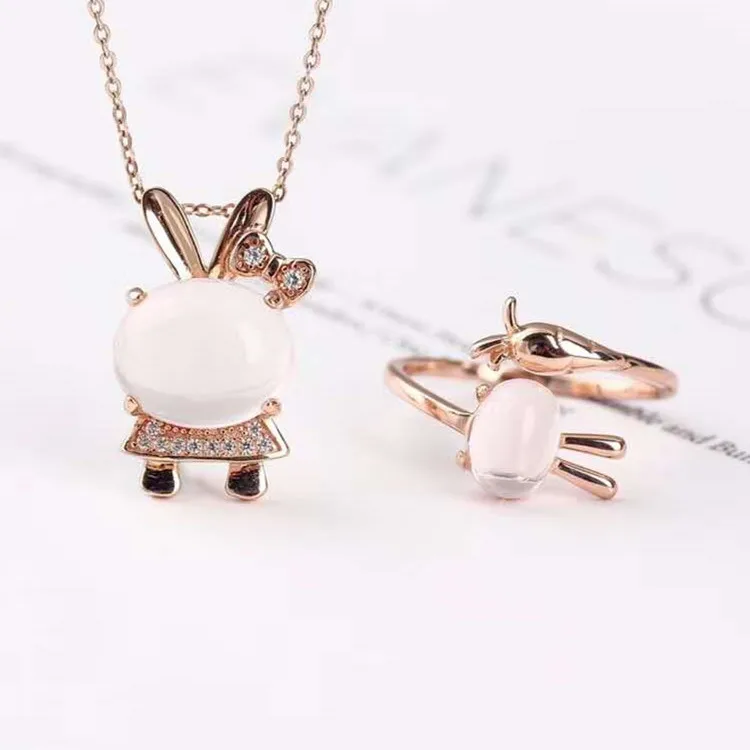 

Multicolored 925 Silver Inlaid Natural Pink Crystal Rabbit Set Pendant + Ring Support Reinspection