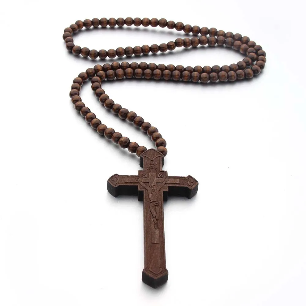 New Boy Large Wood Catholic Jesus Cross With Wooden Bead Carved Rosary Pendant Long Collier Statement Necklace Men Jewelry
