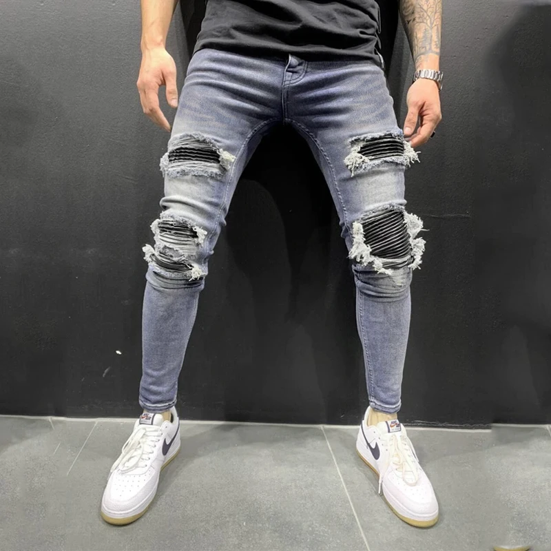 

Idopy Fashion Slim Fit Pants Steampunk Black Patchwork Leather HighStreet Night Club Gothic Jeans Trouser For Men