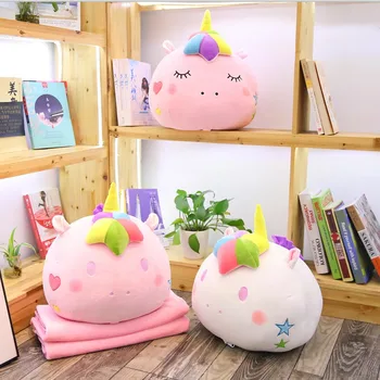 

New Arrival Colorful Stuffed Unicorn 2 in 1 Pillow with Blanket Inside Rainbow Unicorn Head for Children Doll