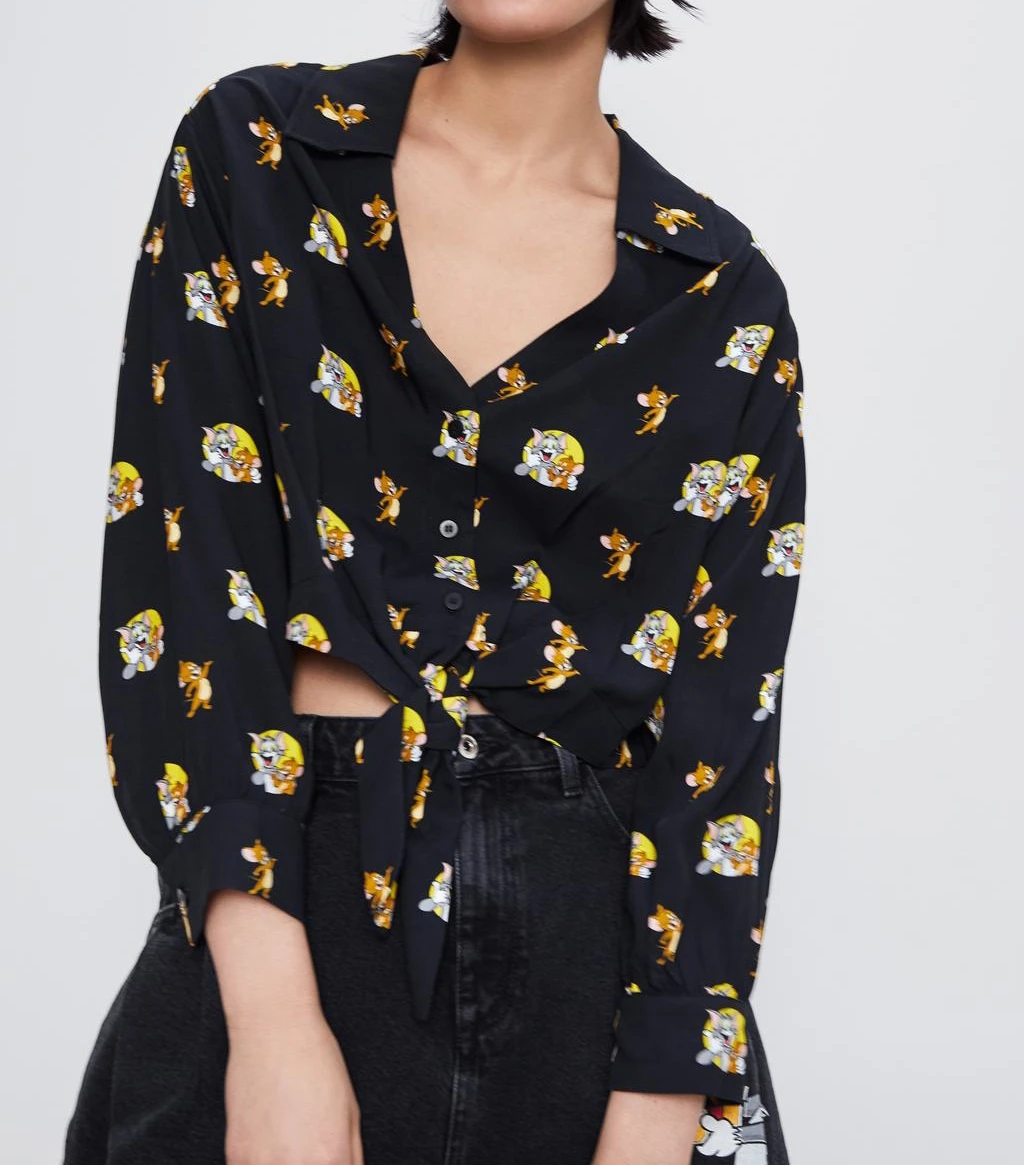 

Spring New Disney Cat and Mouse Animal Print Casual Shirt Korean Streetwear Button V-Neck Long Sleeve Womens Tops and Blouses