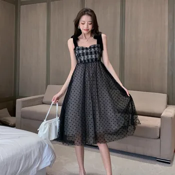 

2020 Summer Women Spaghetti Strap Dress French Vintage Sleeveless Polka Dot Gauze Mesh Dresses Elegant Banquet Dress