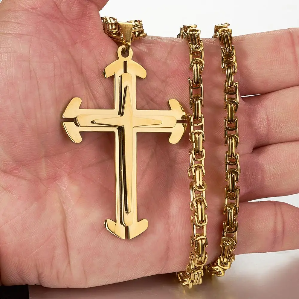 High Polished Men's Three Layers Jesus Cross Pendant Punk Hip Hop 316L Stainless Steel Byzantine Box Chain Necklace 22-40inch
