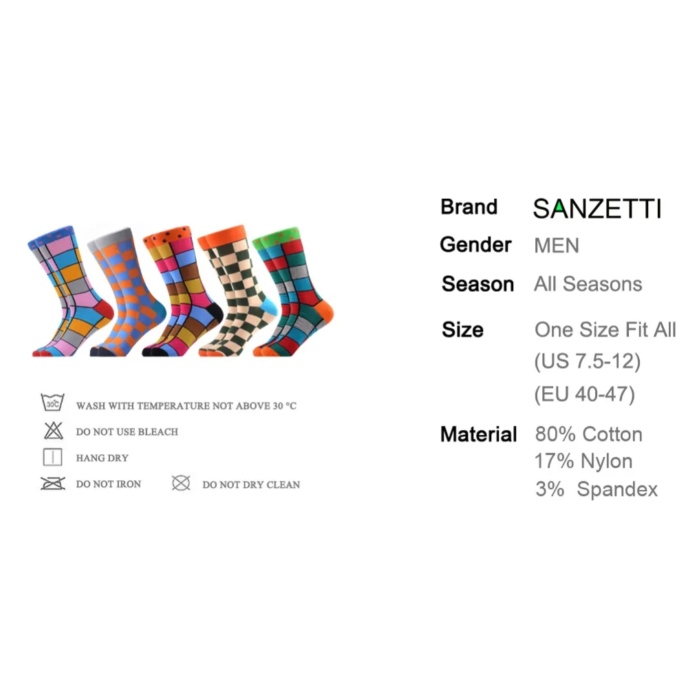 SANZETTI, 5 пара/лот, цветные мужские повседневные носки из чесаного хлопка, носки для свадебного торжества, Веселые носки в стиле хип-хоп, яркие носки
