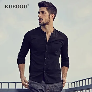 

KUEGOU Cotton elastic men's long sleeve t shirt male slim autumn open collar men's fashion tshirt top plus size ZT-765