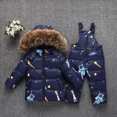 Новые зимние детские пуховые пальто с капюшоном и воротником из меха енота комплекты одежды для малышей зимний комбинезон для детей, верхняя одежда для малышей-30 ℃ - Цвет: Cartoon blue