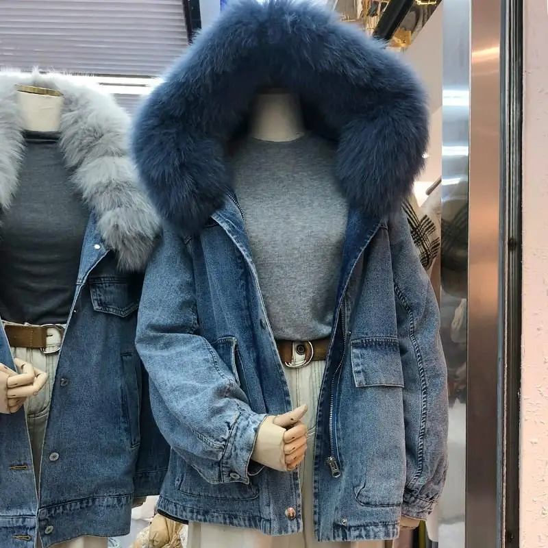 

Rabbit Hair Liner Fox Fur Collar Denim Jacket Winter Warm Coat Women Black Hooded Outwear Long Jean Jacket