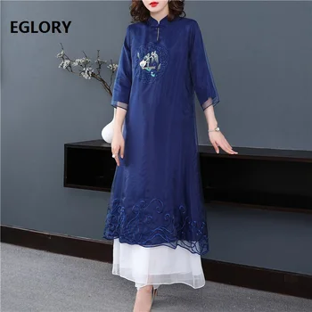 

Top Quality Brand Chinese Dress 2020 Spring Summer Party Vintage Women Lurex Embroidery Mid-Calf Dark Blue Green Dress XXL Size