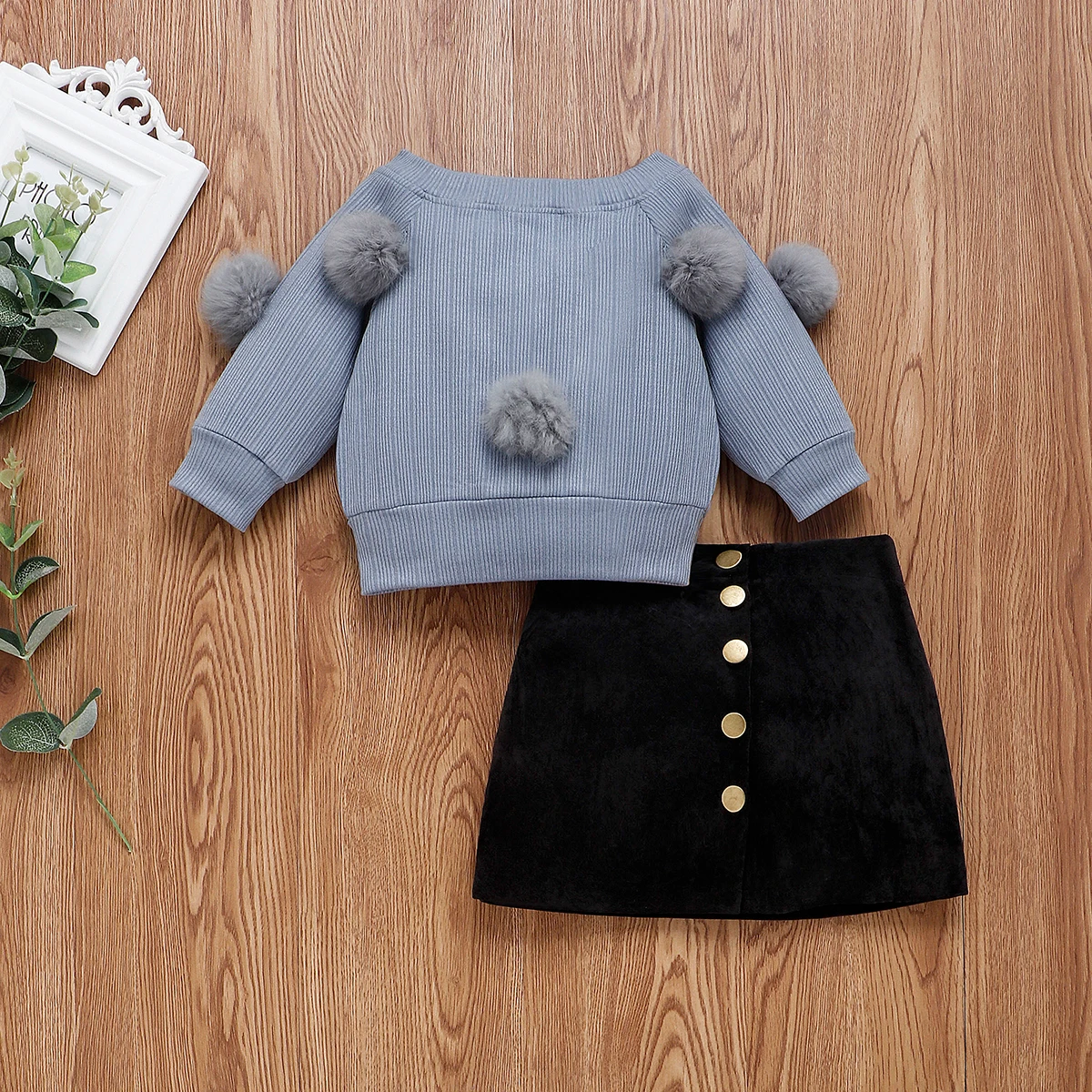 Осенний свитер с длинными рукавами для маленьких девочек топы+ мини-юбки на пуговицах