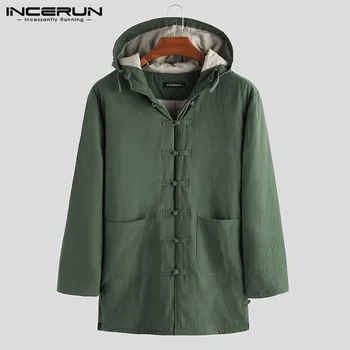 

INCERUN Chinese Style Men Parkas Cotton Hooded Winter Button Up Trench Long Sleeve Wadded Jackets Vintage Padded Men Coats 2020
