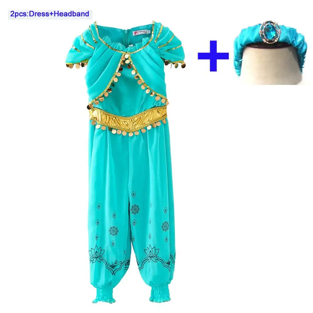 Dress Add Headband Костюм принцессы жасмин для костюмированной вечеринки элегантное платье принцессы комбинезон для девочек, детский костюм на Хэллоуин, расшитый блестками, арабский костюм, комбинезон - Цвет: Dress Add Headband