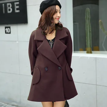 

Fashion Double Breasted Women Long Wool Blend Coat Loose Pockets Cashmere Jacket Solid Turn-down Collar Ladies Coats