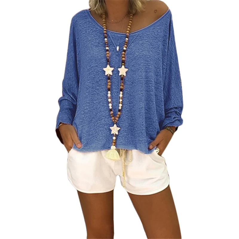 

Womens Casual Solid Tops Long Batwing Sleeve Loose T-shirt Tops Lady Basic Tee