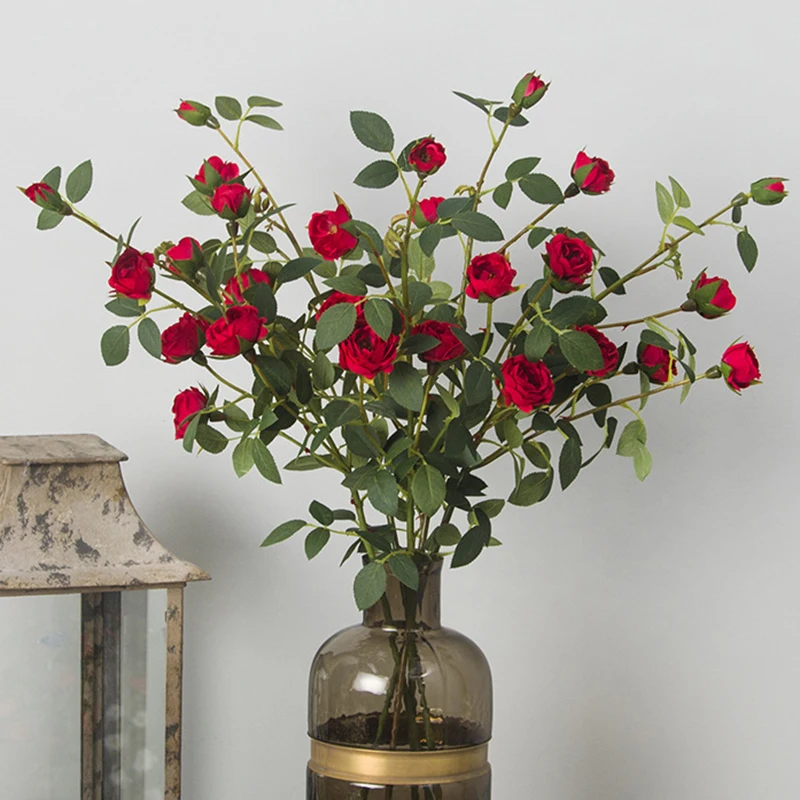 6 головок маленькая чайная роза поддельная ветка с цветами шелк Настоящее касание Искусственные цветы Камелия для украшения дома сада свадьбы Флорес