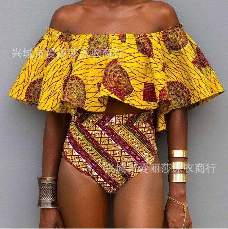 

2017 New Style Europe And America Hot Selling Bathing Suit Split Type Printed Large Lotus Leaf off-Shoulder Bikini