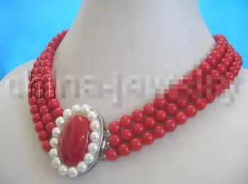 

charming 17-19" 3row 8mm natural red Coral necklace