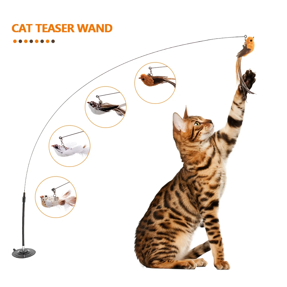 Simulation Bird Interactive Cat Toy Funny Feather Bird with Bell Cat Stick Toy for Kitten Playing Teaser Wand Supplies