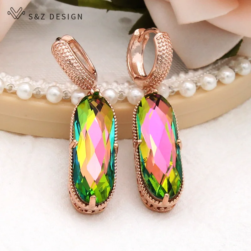 S&Z DESIGN Vintage Large Egg Shape Oval Crystal Dangle Earrings For Women Wedding 585 Rose Gold Color Jewelry