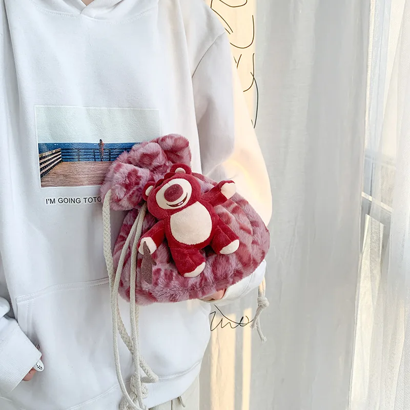 

Fashion Leopard String Bucket Bag Women Shoulder Bags Small Cartoon Faux Fur Bag Cute Cheetah Printing Crossbody Bags Purses New