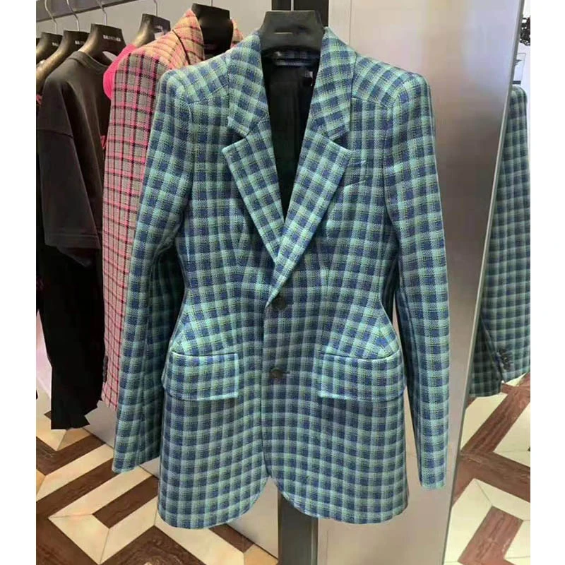 

Cosmicchic Women Vintage Plaid Blazer Long Sleeve Double Button 2019 Autumn Winter Fashion Female Lattice Shoulder Retro Suit