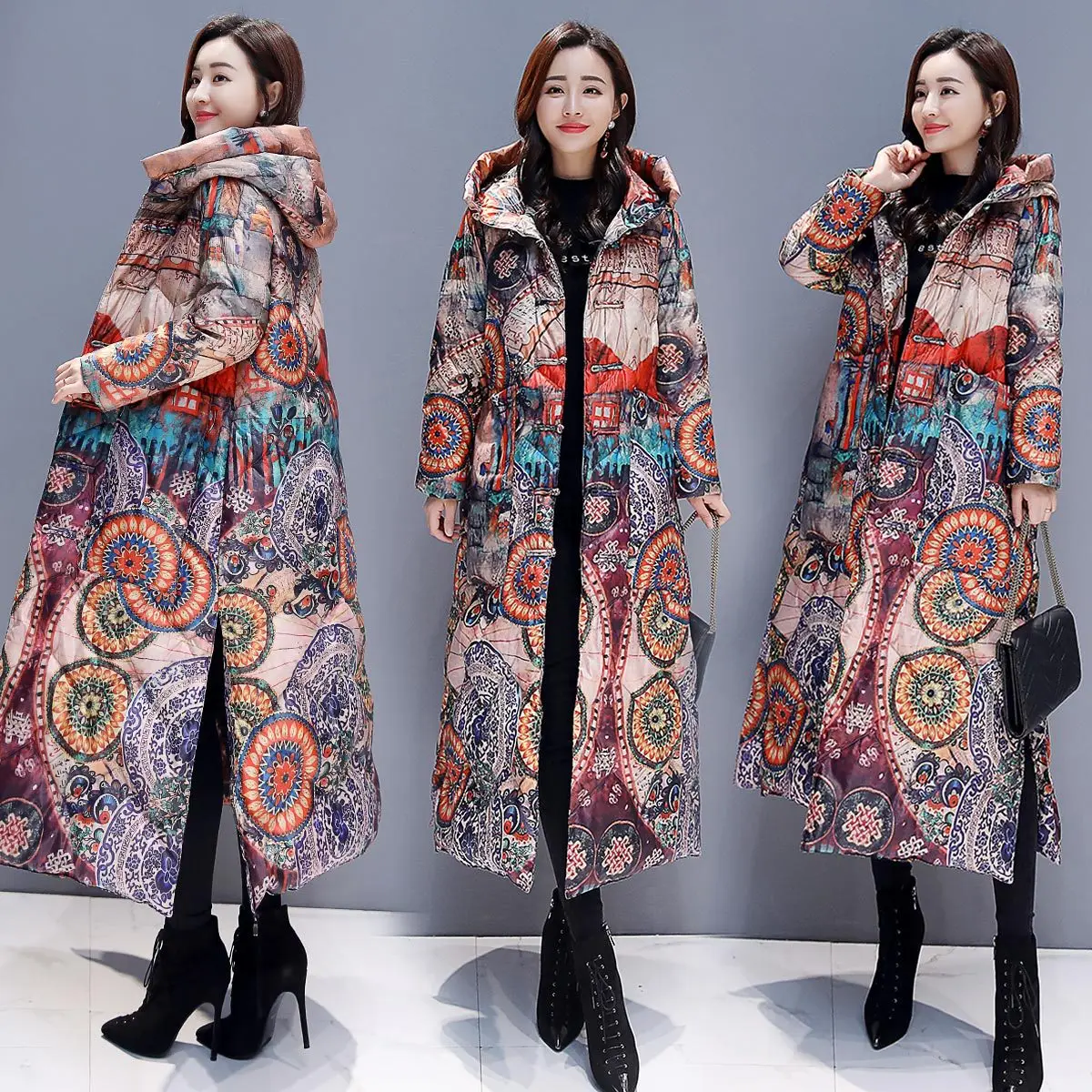 

National Wind Retro Printed Cotton-padded Jacket Zichang-to Ankle Cotton Coat Women's Loose-Fit Slimming A- line Frog Cotton Ove