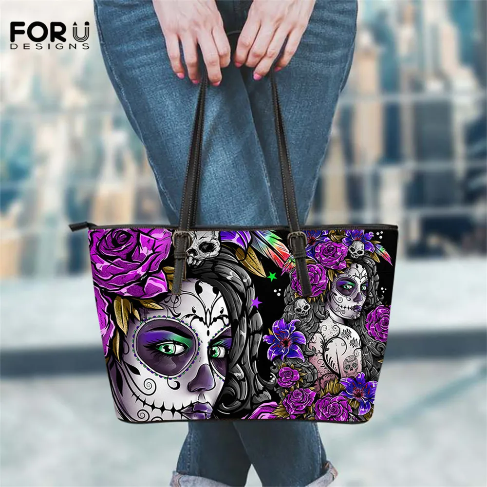 

FOURDESIGNS Gothic Skull Girls Print Retro Handbags Fashion Women Big Capacity Travel Tote Bags Shoulder Bag PU Crossbody Bag