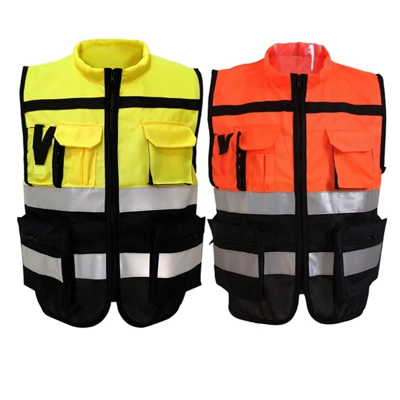 High Visibility Zipper Front Safety Vest With Reflective Strips Bicycle and Motorcycle Riding Safety Clothing Multi-Pockets industrial safety hand gloves