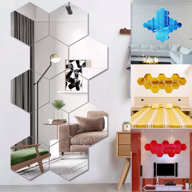 12 Uds espejo acrílico pegatinas de pared espejos extraíbles calcomanía de  pared hexagonal geométrico pegatina de pared para el hogar dormitorio