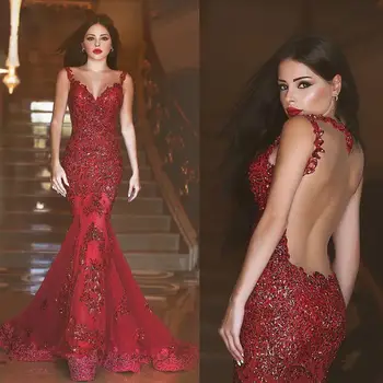 

Arabic Burgundy Illusion Back Evening Dresses Mermaid Prom Gowns Sequins Sweetheart Lace Applique Dubai Formal Party Guest Gowns
