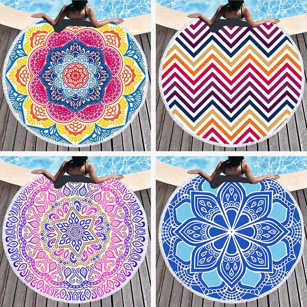 

Chakra Round Bath Beach Towel Tassel Blanket Toalla Mandala Tapestry Sunblock Cover-Up Picnic Bath Towel Lotus Bohemian Yoga Mat