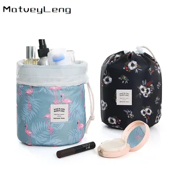 

MatveyLeng Women Lazy Drawstring Cosmetic Bag Round Travel Makeup Bag Organizer Make Up Case Storage Pouch Toiletry Beauty Kit