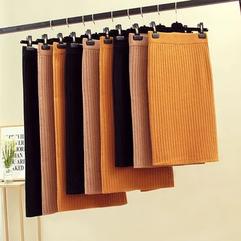 

NIGRITY 50-70CM Elastic Band Women Skirts Autumn Winter Warm Knitted Straight Skirt Ribbed Ribbed Mid-Long Skirt Black