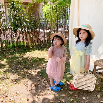 

Summer New Arrival Korean style plaid and flowers short sleeve princess dress with big bow apron for cute sweet baby girls