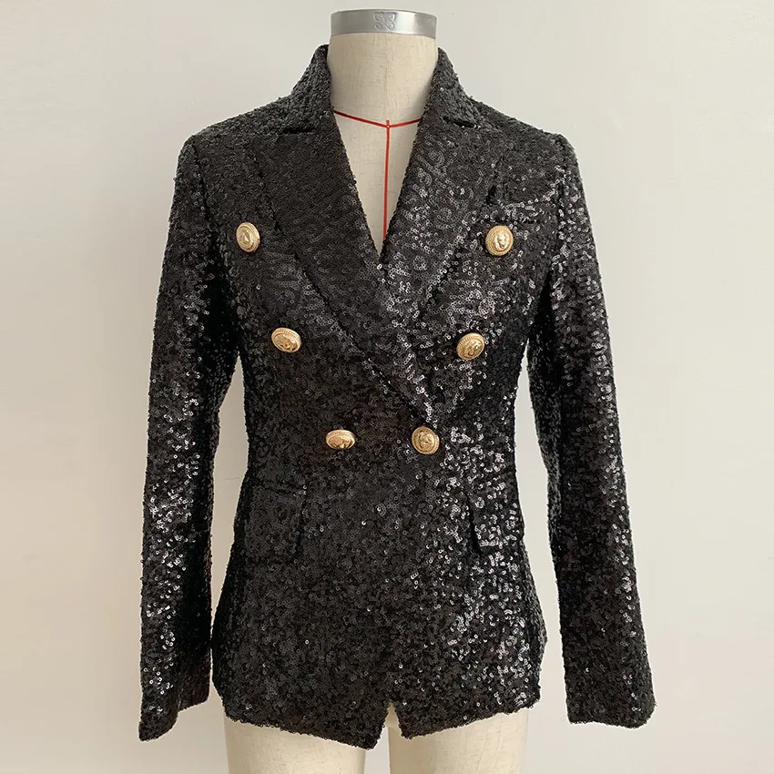 Runway Blazer Women's 2020 Double Breasted Metal Lion Buttons Sequined