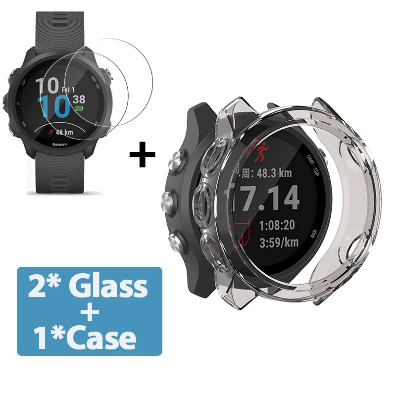 2-in-1 Protector Case + Screen Protector for Garmin Forerunner 245 245 Music Soft TPU Protective Cover Shell Tempered Glass Film 