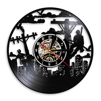 

Power Lineman Silhouette Electrician Vinyl Record Wall Clock Line Life Electrical Utility Worker Wall Light Lineworkers Gift