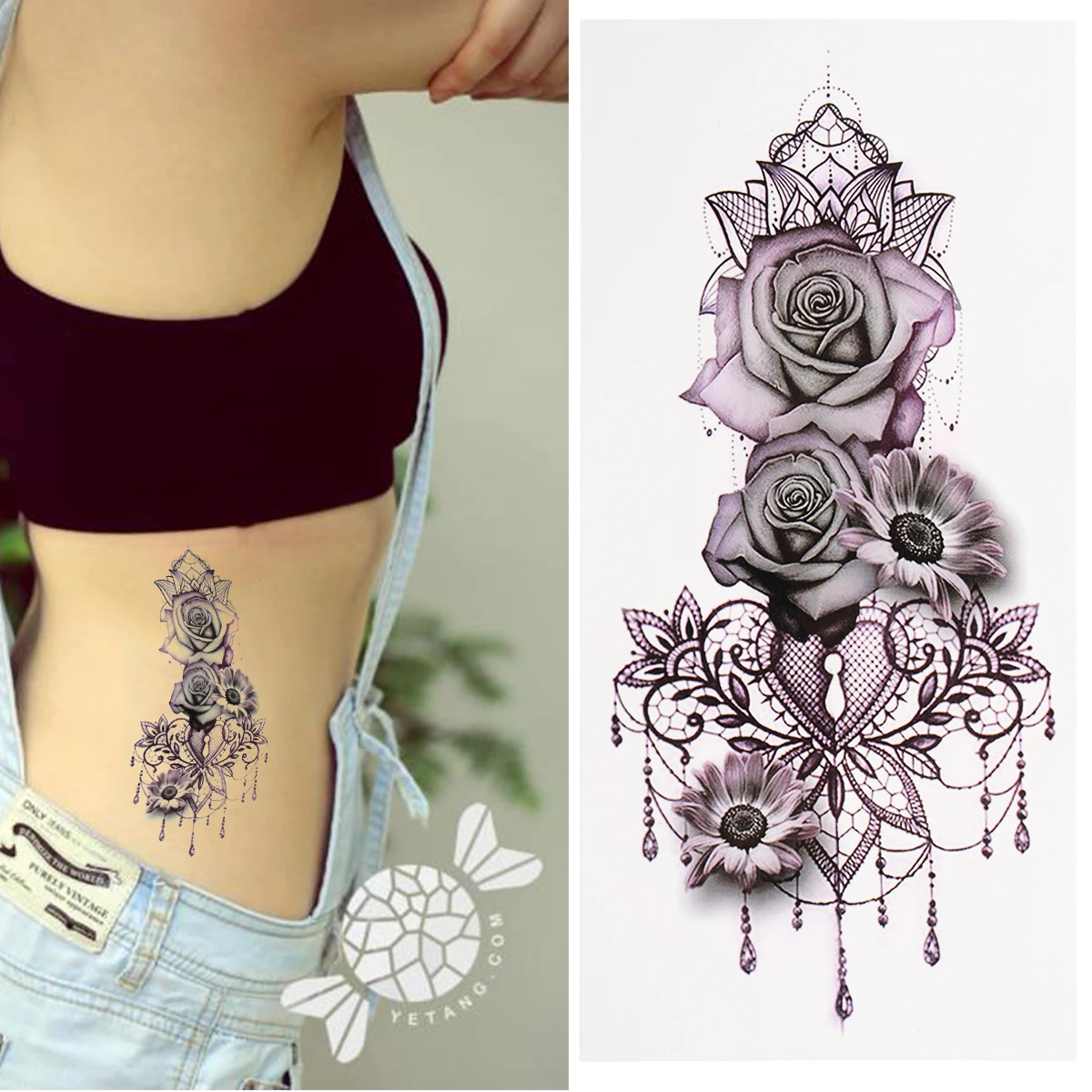 Black Flower Waterproof Temporary Tattoo Sticker Women Eye Water