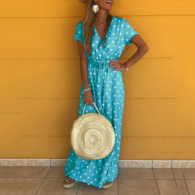 Fashion Women Summer Dress New Sexy V-neck Short Sleeve Polka Dot Print Women Long Maxi Dress Ladies Clothes CDR1875 (15)