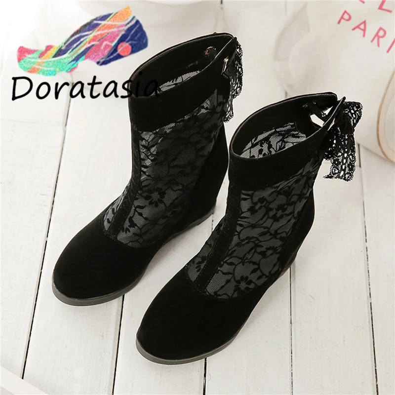 

DORATASIA Plus Size 34-40 Fashion Girl Round Toe Flock Spring Summer Boots Lace Cloth Boots Women 2020 Casual Shoes Woman