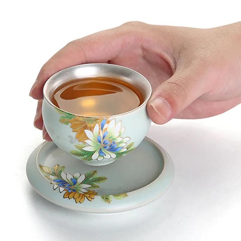 

999 Pure Silver Teacup Handmade Ceramic Silver Small Tea Cup Gaiwan Fair Cup Kung Fu Tea Set Tea Bowl Drinkware Teaware Holder