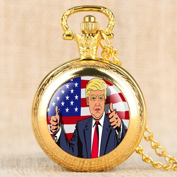 

Gold Trump Theme Pocket Watch for Men Vintage American Flag Quartz Pendant Necklace Fob Watches for Women Gift Drop Shipping