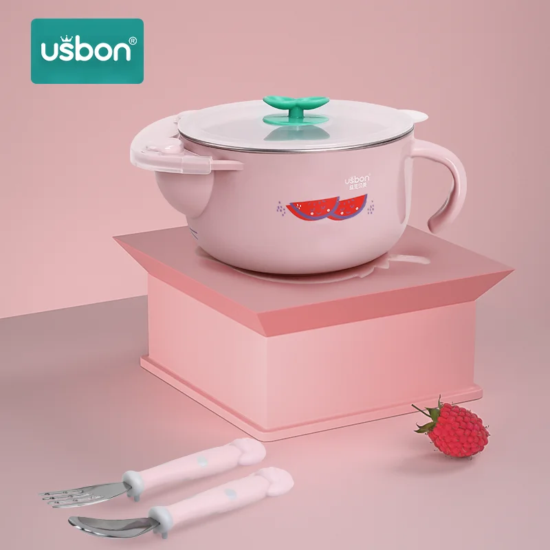 Usbon, 5 шт., набор посуды для детей, 316 нержавеющая сталь, миска для кормления детей, ложка, вилка, мультяшная миска для малышей