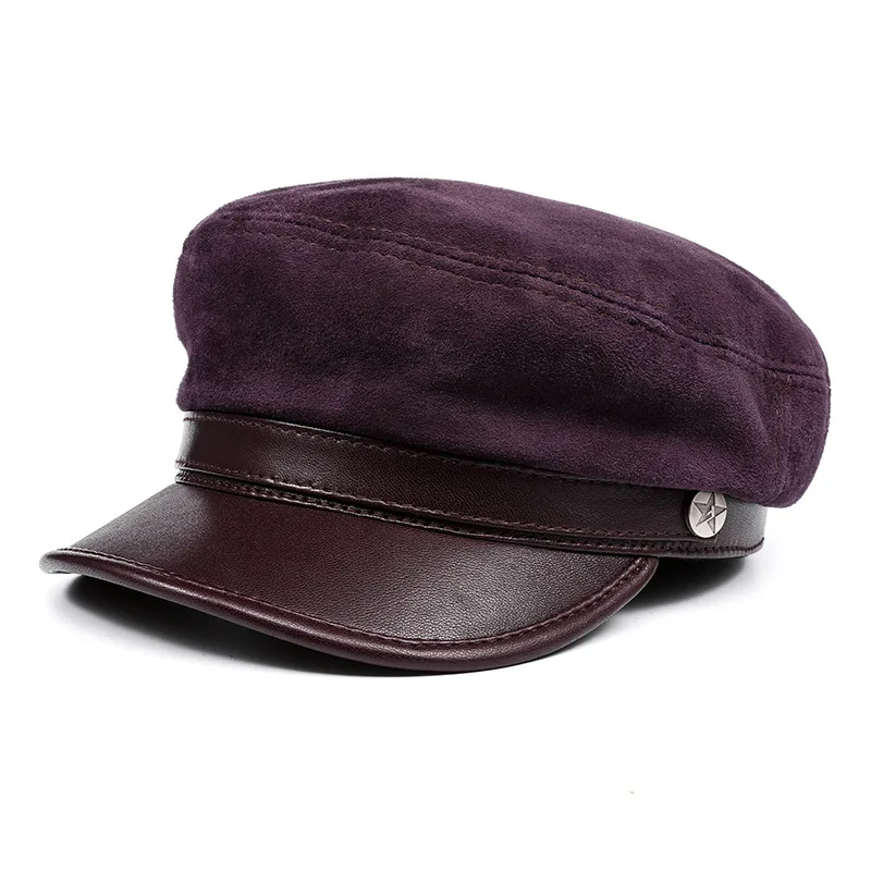

X180 Winter Sheepskin Beret Hat Women's Leather Cap Flat Top Genuine Leather Beret Cap Hat Sheep Skin Military Hat