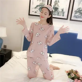 

Women Autumn Winter Pajama Set Polyester Milk Silk Fabric Breathability Stretch Cute Cartoon Print Long Sleeve Loose Nightwear