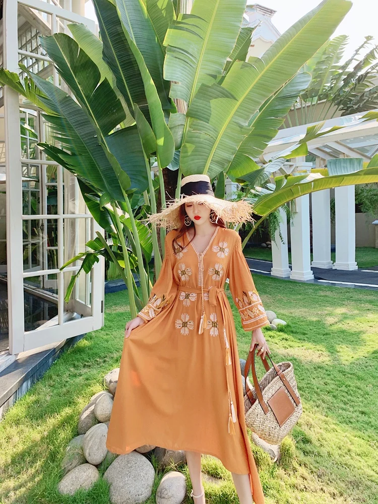 Женское длинное богемное пляжное платье boho осень длинное богемное платье для пляжного отдыха с вышивкой из хлопка и льна с расклешенными рукавами свободные vestidos