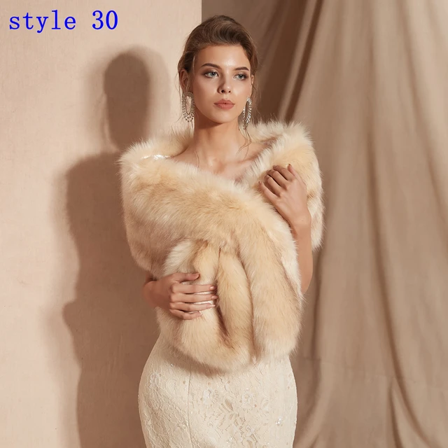 Women Fur Capes Champagne Wedding Bolero Faux Fur Stole Bridal Jacket Formal Party Shrug Walk Beside You Cape De Mariage style 30